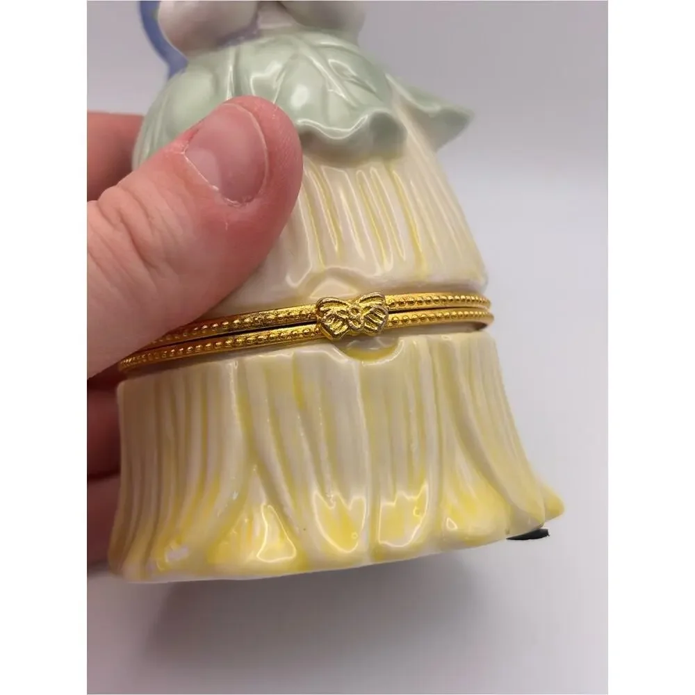 Vintage Porcelain Pixie or Fairy Hinged Trinket Box in Petal-Shaped Dress